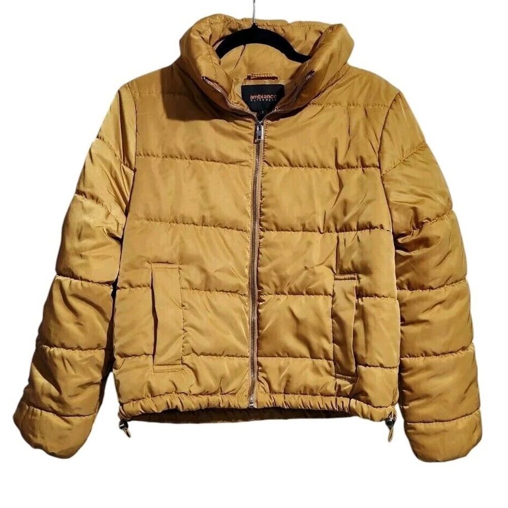 Ambiance Outerwear Woman's Gold Puffer Zip Up Jacket Mock Neck Size Small Pocket